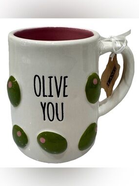 ADORABLE LANG COFFEE MUG “OLIVE YOU” w/HAND PAINTED 3D OLIVES ALL OVER NEW 16oz